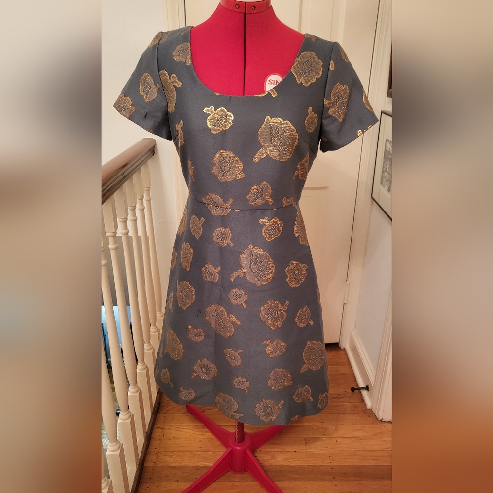 NWOT Ann Taylor Graphite (Gray/Green-Blue) Brocade Dress Gold Floral Sz 4 - Picture 8 of 8